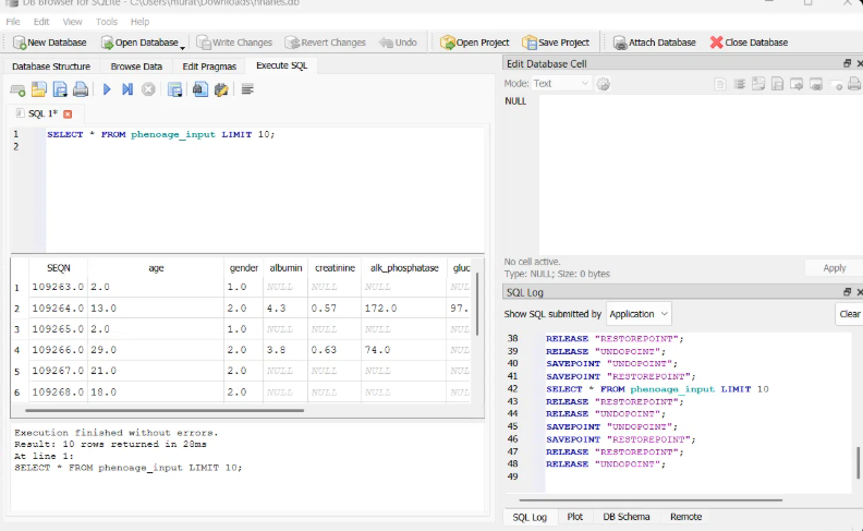 NHANES 2015-2016 biological age database in DB Browser for SQLite