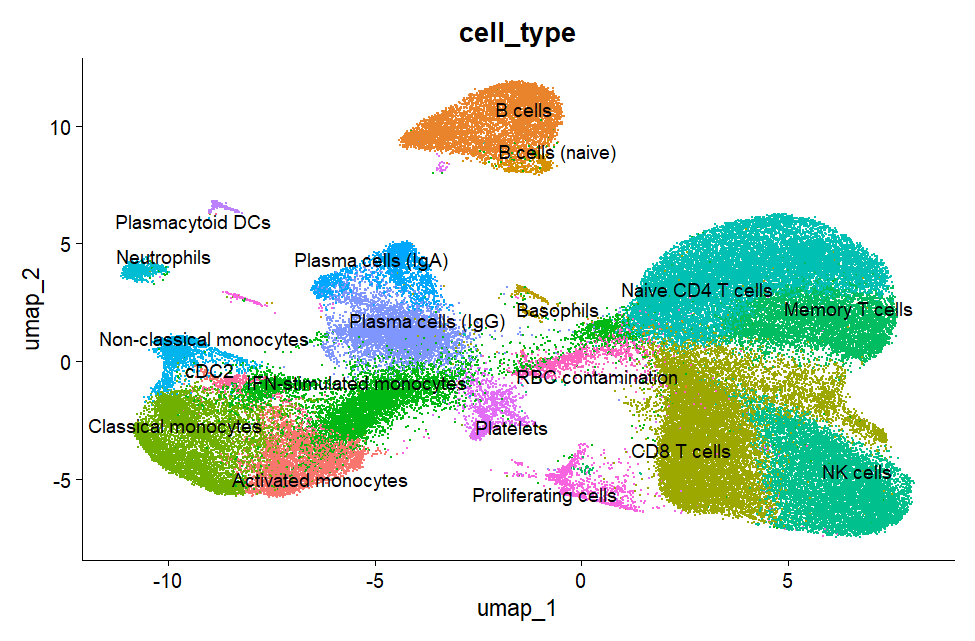 UMAP visualization of annotated immune cell populations from COVID-19 and healthy PBMC single-cell RNA sequencing data